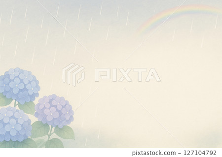 雨中和彩虹下閃閃發光的繡球花 127104792