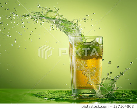 Glass of liquid with a lime in it splashing water 127104808