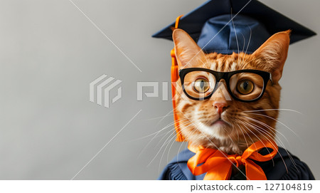 Funny ginger cat in black-framed glasses and a dark blue graduation cap and gown with orange ties against a grey backdrop with copy space 127104819