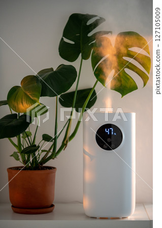 Modern humidifier at home, moistens dry air surrounded by indoor plant. Apartment with moisturizer.  127105009