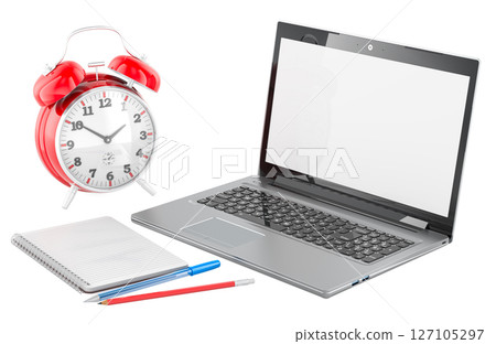 Laptop with red alarm clock, spiral notebook pen and pencil. Remote work, distance learning, time management, or planning concept. 3D rendering Laptop with red alarm clock, spiral notebook pen and pencil. Remote work, distance learning, time management, or planning concept. 3D rendering 127105297