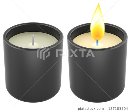 Set of black candles, memorial candles in matte holders. One burning and one unlit, 3D rendering 127105304