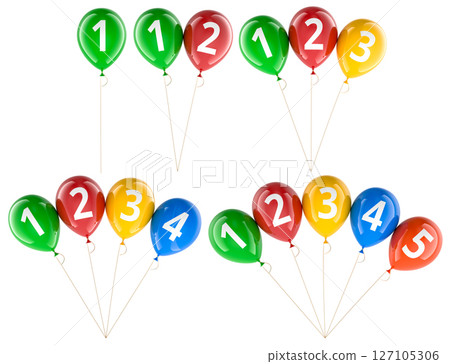 Sets of colorful balloons with numbers 1 to 5. Education, counting or celebration concept. 3D rendering Sets of colorful balloons with numbers 1 to 5. Education, counting or celebration concept. 3D rendering 127105306