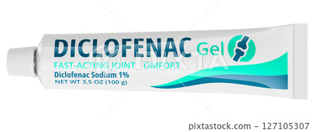 Tube of diclofenac gel for pain relief, 3D rendering 127105307