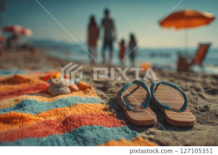 Flip flops and beach towel with family in background 127105351