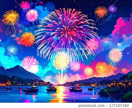 Fireworks floating in the night sky illustration 127105380