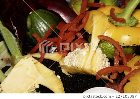 Close up of wated vegetables on a compost being recycled 127105387