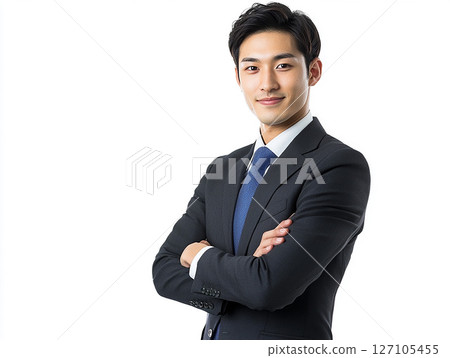 白色背景下一位年輕商人微笑雙臂交叉的肖像 127105455