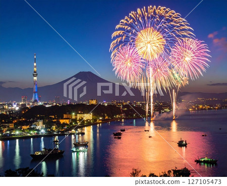 Fireworks floating in the night sky illustration 127105473