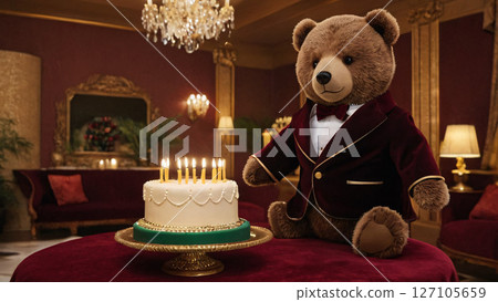 A tuxedoed teddy bear sits by a cake with candles 127105659