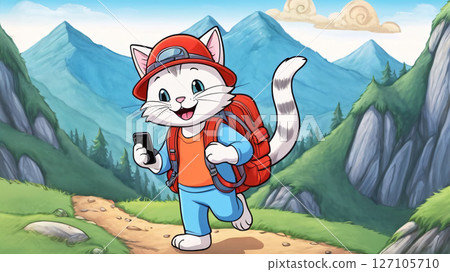 An Adventurous Cartoon Cat Excitedly Exploring the Beauty of Nature with Its Backpack 127105710