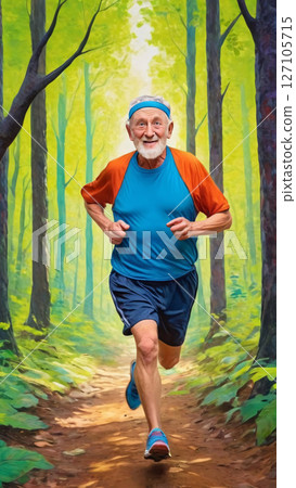 An elderly man runs through the forest.  127105715