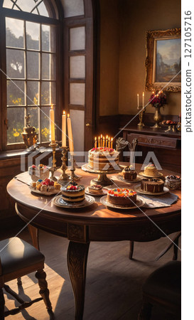 An assortment of delicious cakes is beautifully displayed on the table An assortment of delicious cakes is beautifully displayed on the table 127105716