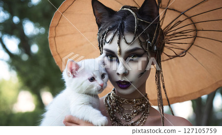 A woman with artistic makeup is holding a fluffy white cat A woman with artistic makeup is holding a fluffy white cat 127105759