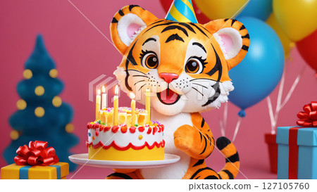 A tiger is proudly holding a delicious birthday cake adorned with candles 127105760