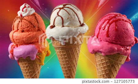 Enjoy the sight of Colorful Ice Cream Cones beautifully displayed against a Vibrant Background Enjoy the sight of Colorful Ice Cream Cones beautifully displayed against a Vibrant Background 127105773