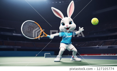 A cheerful and energetic cartoon bunny is seen joyfully playing tennis in an arena A cheerful and energetic cartoon bunny is seen joyfully playing tennis in an arena 127105774