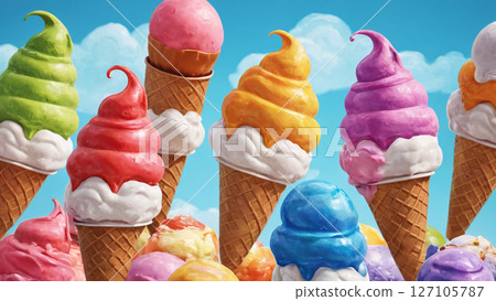 Colorful and delightful Ice Cream Cones in a Bright and Vibrant Summer Sky, a perfect treat Colorful and delightful Ice Cream Cones in a Bright and Vibrant Summer Sky, a perfect treat 127105787