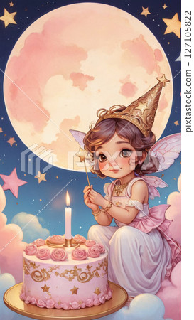 A girl in a fairy costume sits next to a birthday cake 127105822
