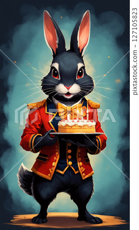 A rabbit in a red jacket is happily holding a birthday cake 127105823