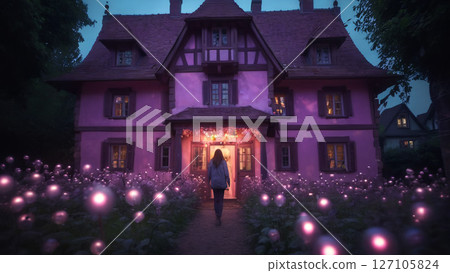 A woman stands in front of a pink house with purple lights 127105824