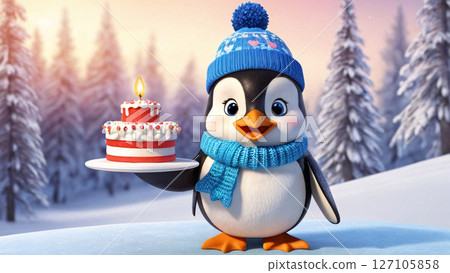 A delightful penguin dressed in a hat and scarf is holding a birthday cake 127105858