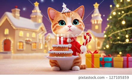 A cat holds a cake and candy cane by a Christmas tree 127105859