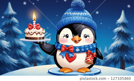 A happy penguin is holding a delicious birthday cake with a candle A happy penguin is holding a delicious birthday cake with a candle 127105860