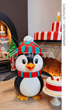 A charming penguin in a hat and scarf stands by a delicious cake A charming penguin in a hat and scarf stands by a delicious cake 127105872