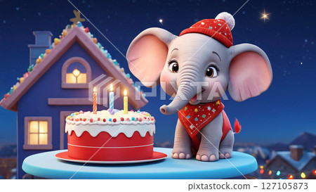 A baby elephant is happily sitting next to a birthday cake, smiling with joy A baby elephant is happily sitting next to a birthday cake, smiling with joy 127105873