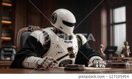 AI robot judge holding gavel in courtroom setting with legal books and statues 127105954