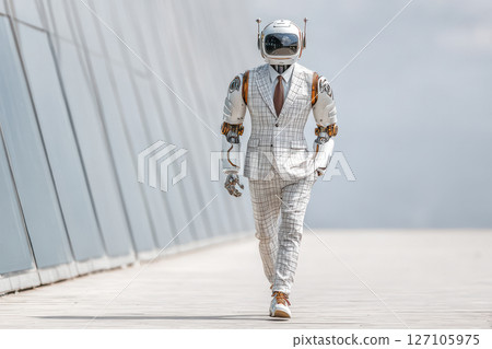 Sophisticated robot in checkered suit walking along modern glass building 127105975