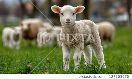 Adorable lamb in green field with flock grazing on grass in the background 127105976