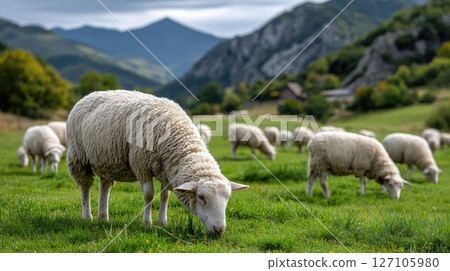 Sheep grazing in lush green mountain landscape on a cloudy day 127105980