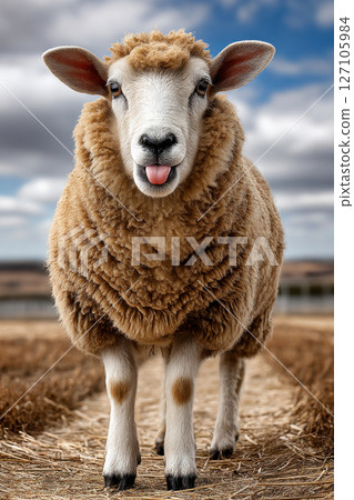 Playful sheep sticking out tongue in open field under cloudy sky Playful sheep sticking out tongue in open field under cloudy sky 127105984