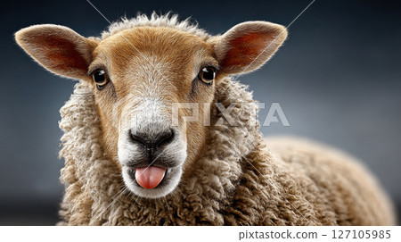 Portrait of a playful sheep sticking out tongue with detailed wool texture against dark background 127105985