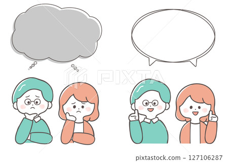 Illustration set of middle-aged men and women when they are worried and when they have solved their problems 127106287