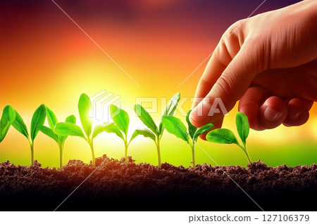 Hand Planting Seedling in Field During Sunrise for Regenerative Agriculture Practices Hand Planting Seedling in Field During Sunrise for Regenerative Agriculture Practices 127106379