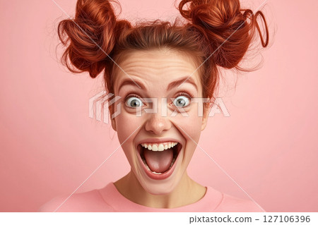 Young Happy Woman Smiling Joyfully at Camera Against Soft Pastel Background Young Happy Woman Smiling Joyfully at Camera Against Soft Pastel Background 127106396
