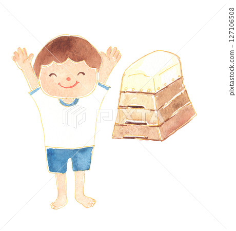 Watercolor style illustration of a boy jumping over a vaulting box. Childcare and educational materials. 127106508