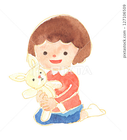 水彩畫風格的插圖,描繪女孩在玩毛絨玩具 兒童保育和教育材料 水彩畫風格的插圖,描繪女孩在玩毛絨玩具 兒童保育和教育材料 127106509