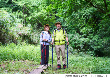 Hiking, trekking, senior, walking, mountain climbing 127106701