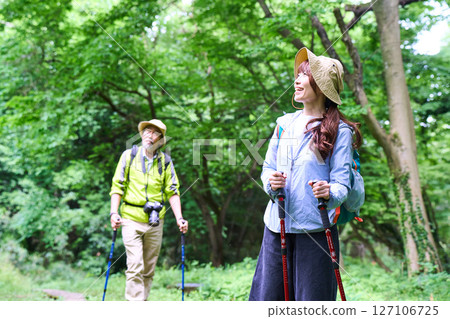 Hiking, trekking, senior, walking, mountain climbing Hiking, trekking, senior, walking, mountain climbing 127106725