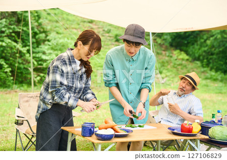Camping Outdoor Barbecue BBQ Family Parents and children 127106829