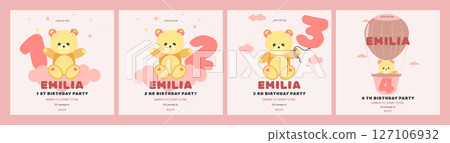 Invitation childrens birthday party cute bear and number set. Celebration First birthday. Greeting card template for children. Vector illustration. 127106932
