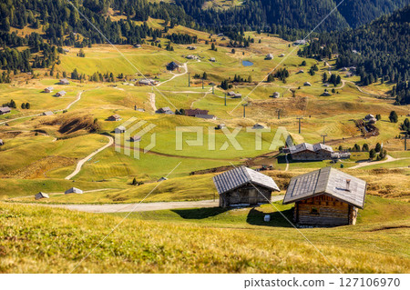 Seceda autumn valley landscape, Val Gardena, Italy 127106970