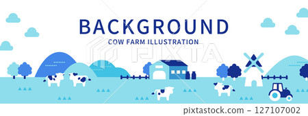 Blue ranch background illustration, simple horizontal design of cows and agricultural landscape 127107002