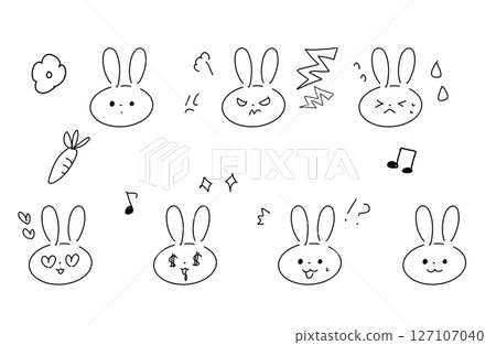 Hand-drawn rabbit facial expression icon set (monochrome/with emotion variations) 127107040