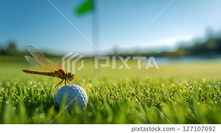 一隻蜻蜓停在球道上的高爾夫球上 一隻蜻蜓停在球道上的高爾夫球上 127107092