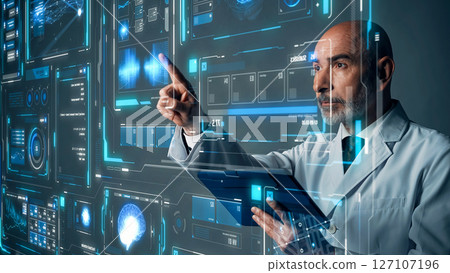 Conceptual visual of a foreign man in a white coat operating a futuristic interface screen 127107196
